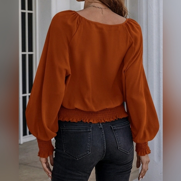 Solid Bishop Sleeve Shirred Blouse - Picture 2 of 3